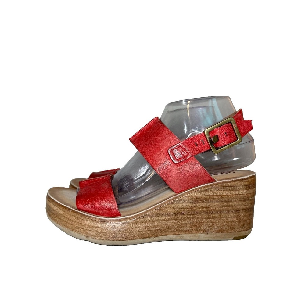 A.S. 98 Women's US 6.5-7 EU 37 NIV Red Leather Wedge Platform Wood Heels Chunky